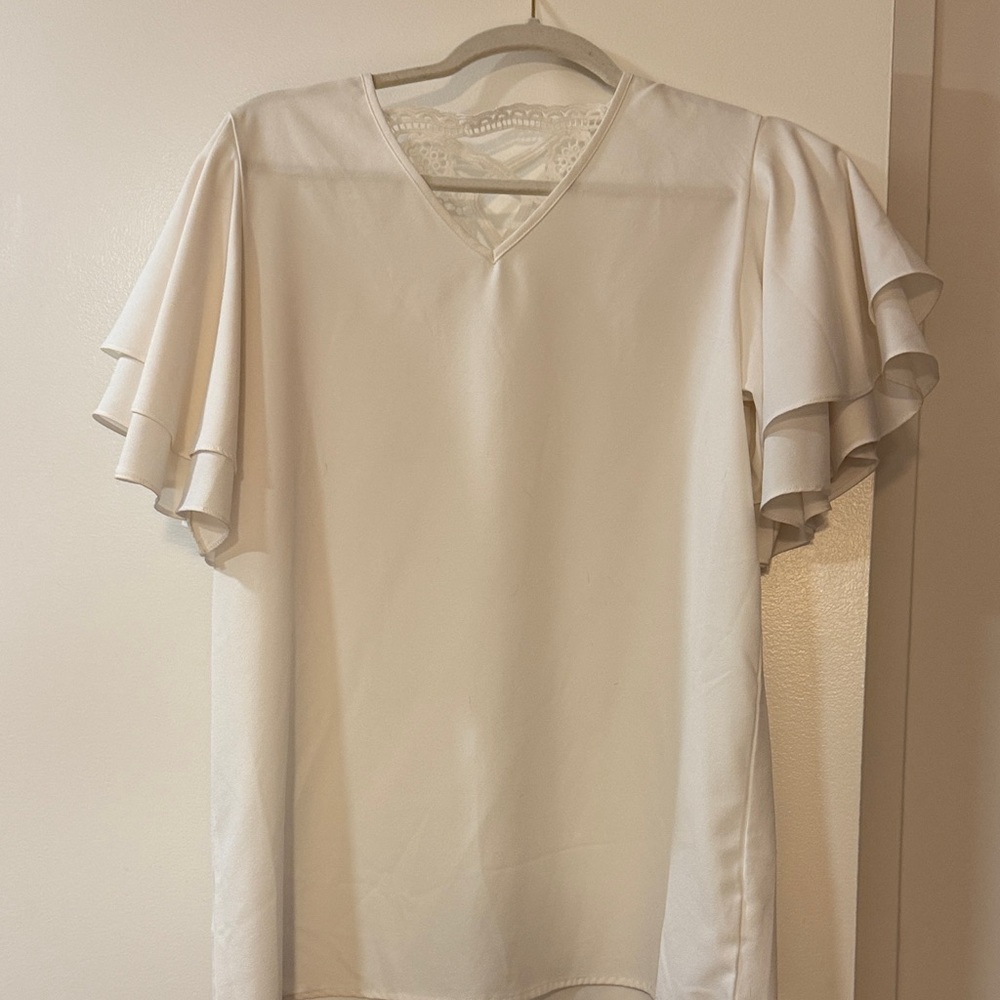 Elegant White Flutter Sleeve V-Neck Women's Top